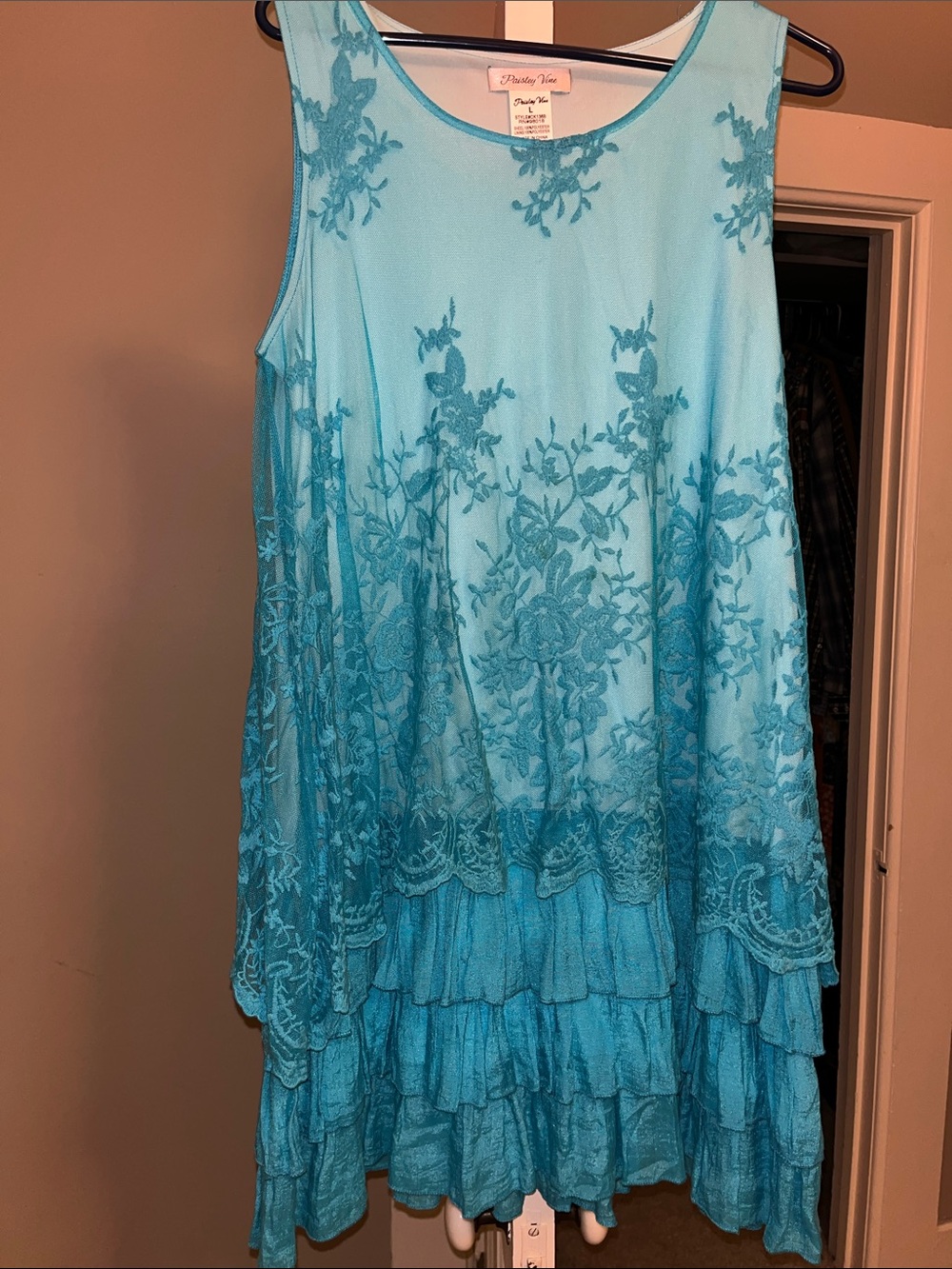 Sleeveless Teal Lace Overlay Ruffled Dress